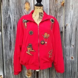 VTG Embroidered Western Jacket Size XL Red Zip Front Cowboy Ranch Horse Vintage